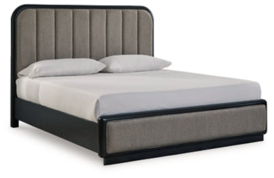 Rowanbeck California King Upholstered Panel Bed, Dresser and Mirror - B821B7