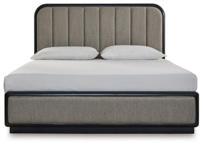 Rowanbeck California King Upholstered Panel Bed, Dresser and Mirror - B821B7