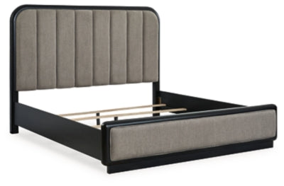 Rowanbeck California King Upholstered Panel Bed, Dresser and Mirror - B821B7