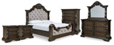 Maylee King Upholstered Bed, Dresser, Mirror, Chest and 2 Nightstands - B947B13
