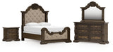 Maylee Queen Upholstered Panel Bed, Dresser, Mirror and Nightstand - B947B18