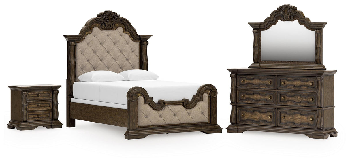 Maylee Queen Upholstered Panel Bed, Dresser, Mirror and Nightstand - B947B18