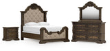 Maylee Queen Upholstered Panel Bed, Dresser, Mirror and Nightstand - B947B18