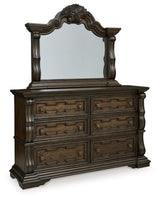 Maylee Queen Upholstered Panel Bed, Dresser, Mirror and Nightstand - B947B18