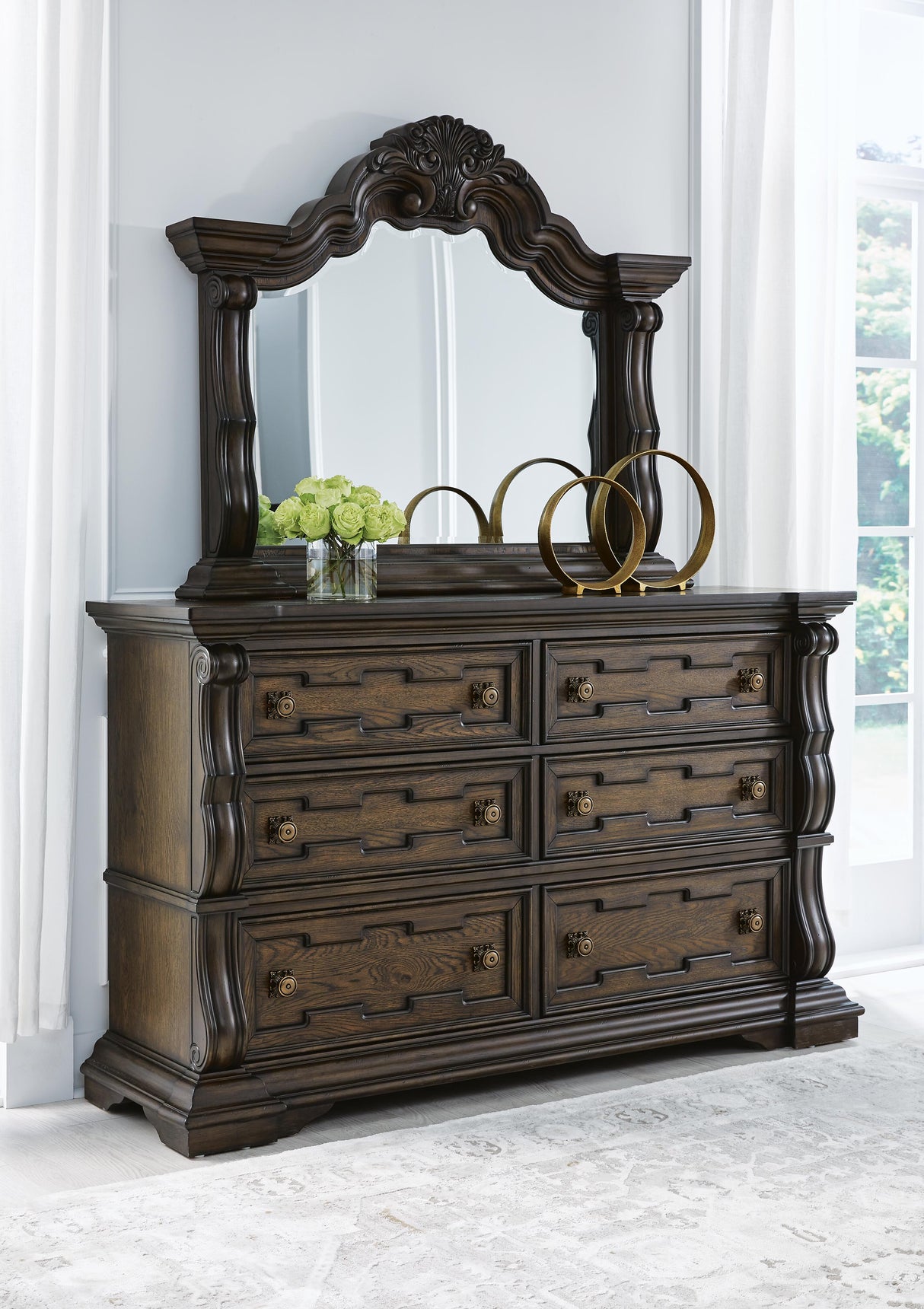 Maylee King Upholstered Bed, Dresser, Mirror, Chest and 2 Nightstands - B947B13
