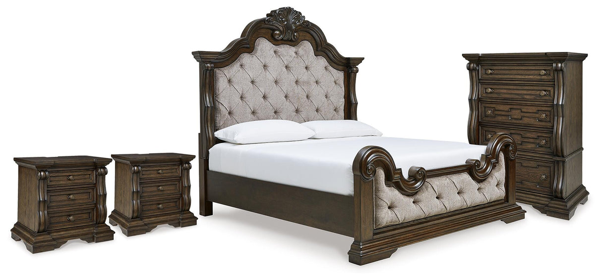 Maylee King Upholstered Panel Bed, Chest and 2 Nightstands - B947B19