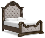 Maylee Queen Upholstered Panel Bed, Dresser, Mirror and Nightstand - B947B18