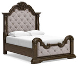 Maylee Queen Upholstered Panel Bed, Dresser, Mirror and Nightstand - B947B18