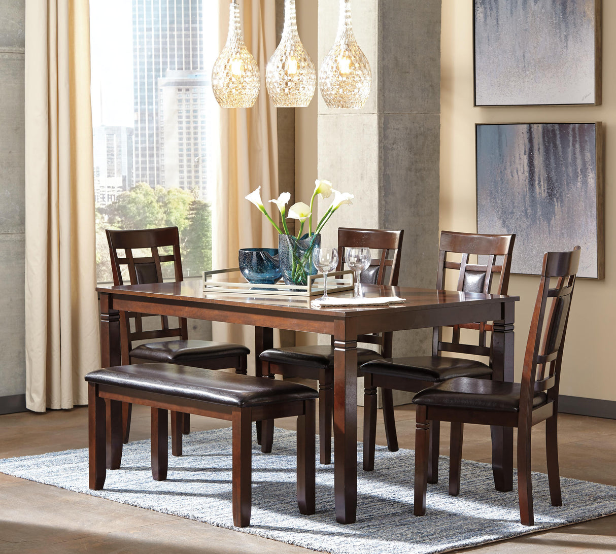 Bennox Dining Table and Chairs with Bench (Set of 6) - D384-325