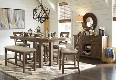 Moriville Counter Height Dining Table with 4 Barstools, Bench, and Server - D631D4