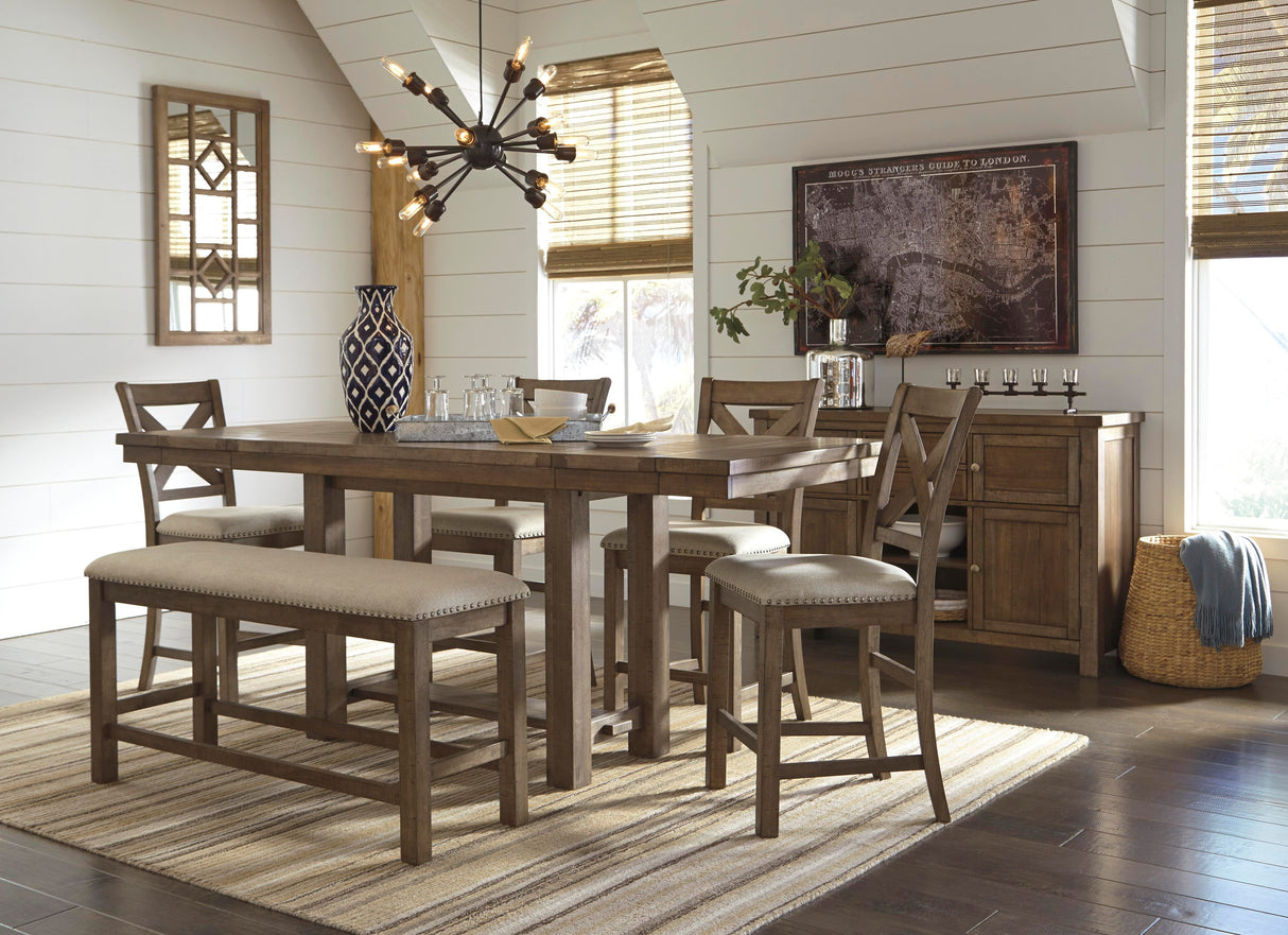 Moriville Counter Height Dining Table with 4 Barstools, Bench, and Server - D631D4