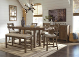 Moriville Counter Height Dining Table with 4 Barstools, Bench, and Server - D631D4