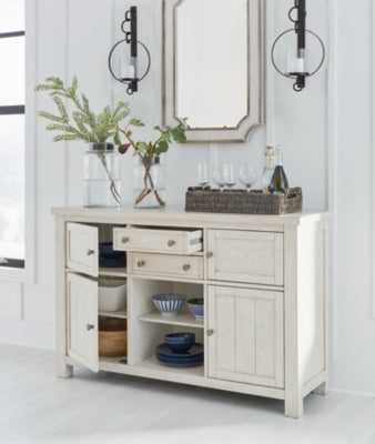 Robbinsdale Counter Height Dining Table, 2 Barstools, Bench and Server - D642D8