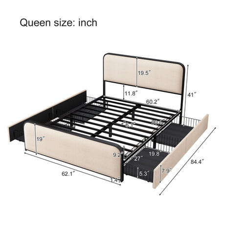 Modern Bed With Curved Upholstered Headboard And Footboard, Heavy Duty Metal Slats