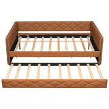 Upholstered Full Long Daybed With Trundle And LED Armrests - Brown