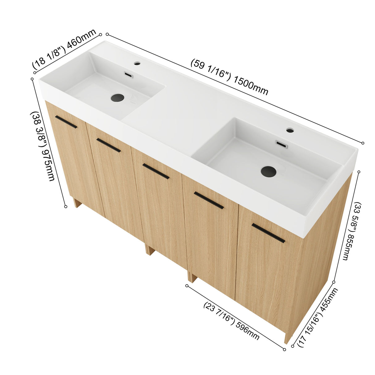 Double Sink Bathroom Vanity With Extra Large Storage, Integrated Sink, Freestanding Cabinet, Soft Close Doors - Glossy White / Light Oak
