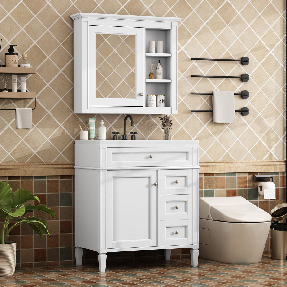 Bathroom Vanity With Top Sink, 2 Doors And 3 Drawers, Freestanding Set With Mirror Cabinet