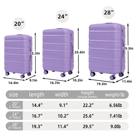 3 Piece 20" / 24" / 28" Spinner Luggage Set & Combination Lock, Durable Hard Shell With 360° Silent Wheels - Blue / Purple