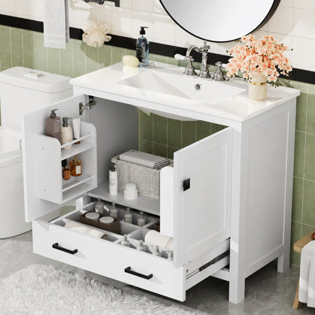 Bathroom Vanity With Sink, Soft Close Doors, Double Shelves & Divided Drawer