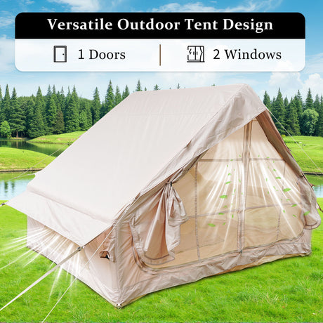 Inflatable Glamping Tent For 4 - 6 People, Waterproof Outdoor Tent With Pump - Khaki