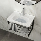 Wall Mounted Rectangular Bathroom Sink With Towel Bar & Overflow - White