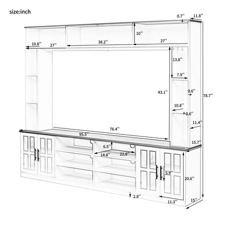 Wall Unit Entertainment Center With Bookshelves For TVs Up To 80", Tempered Glass Doors And Adjustable Shelves