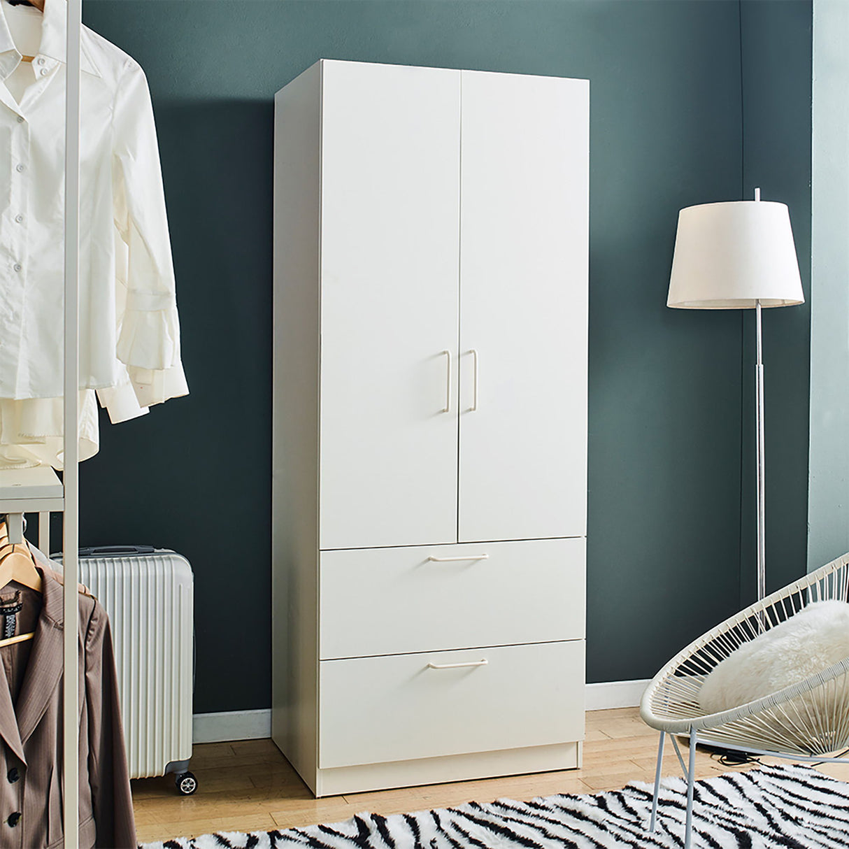 Emma - 2 Door Closet With 2 Drawers And Hanging Bars - White