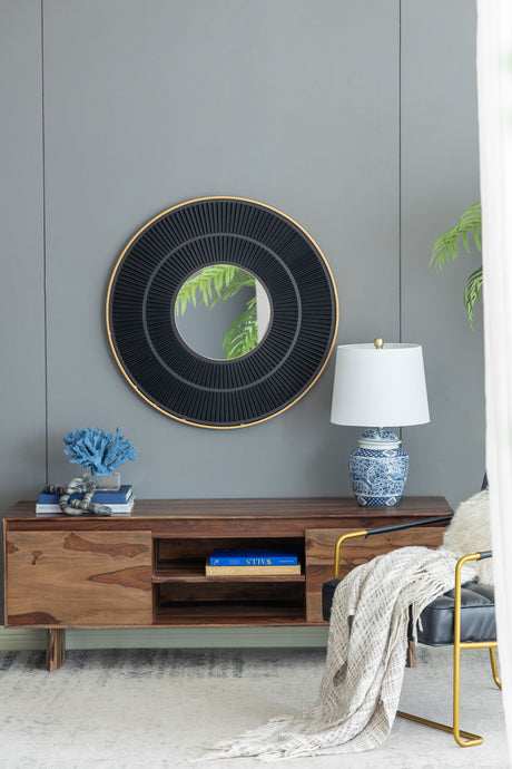 Round Carter Wooden Mirror WithIron Frame Neutral Colorway Wall Decor For Live Space