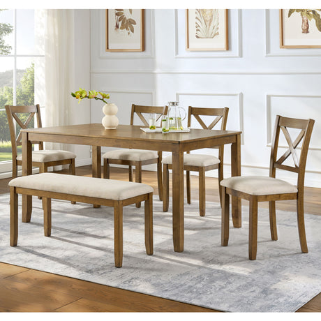 6 Piece Dining Table Set, Large Rectangular Table With Upholstered Bench & 4 X - Back Chairs, Kitchen Furniture - Oak