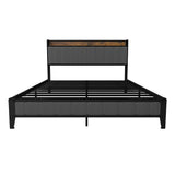 Bed With Charging Station, American Design Upholstered Headboard, Metal Platform