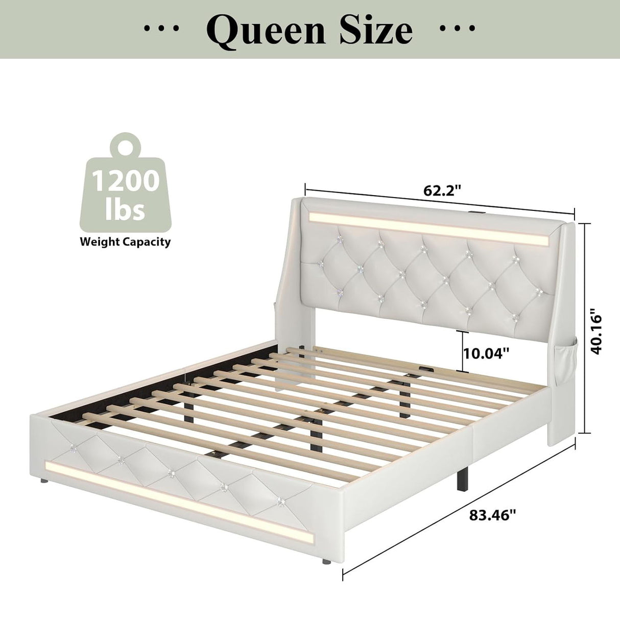 Wingback Upholstered Bed Frame With LED Lights, Charging Station