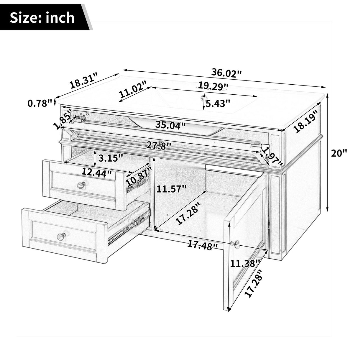 Modern Wall Mounted Floating Cabinet With Double Drawer And Sink