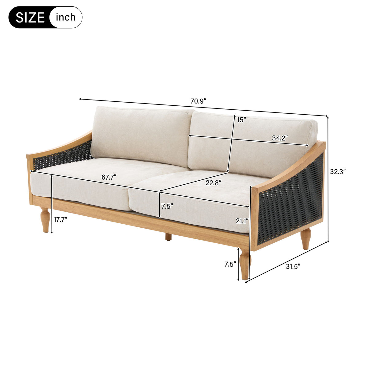 3 Seater Sofa With Rattan Armrests