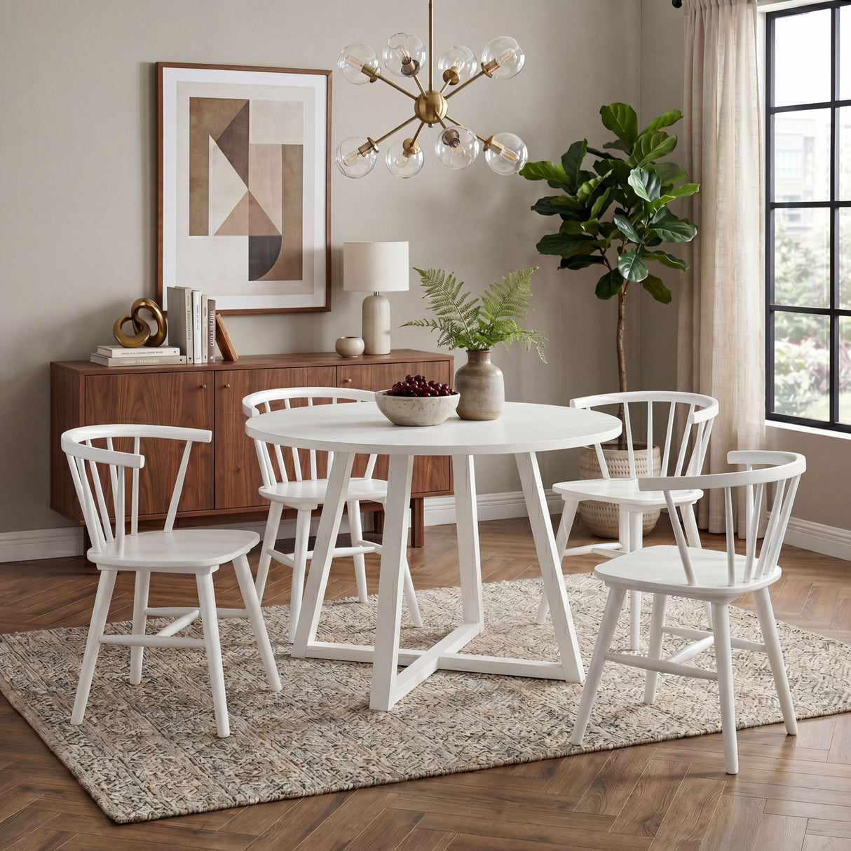 Edo - 5 Piece Dining Set, Trestle Dining Table With 4 Windsor Chairs - White