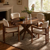 5 Piece Indoor Dining Set, Round Table & 4 Brown Arm Chairs - Beige / Brown / Cherry