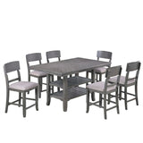 7 Piece Counter Height Dining Set With Storage Shelves, Table & 6 High Chairs - Gray