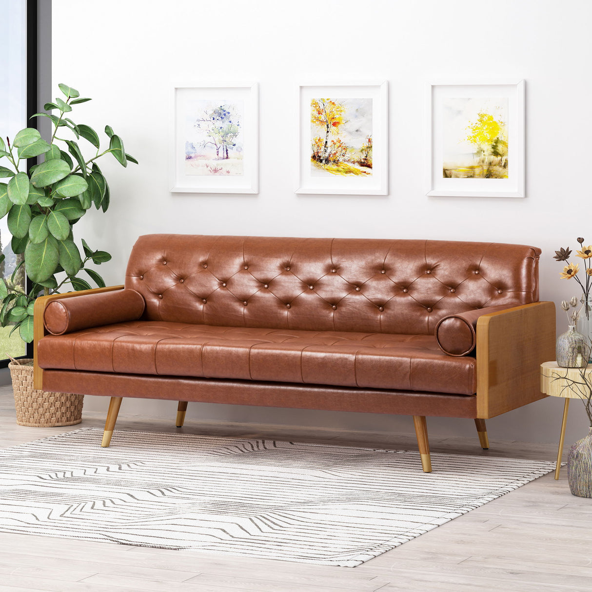 Adelaide - Tufted Sofa With Rolled Accent Pillows - Light Brown