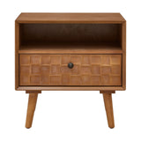 Nightstand With Carved Geometric Drawer Front, 1 Drawer And Open Shelf