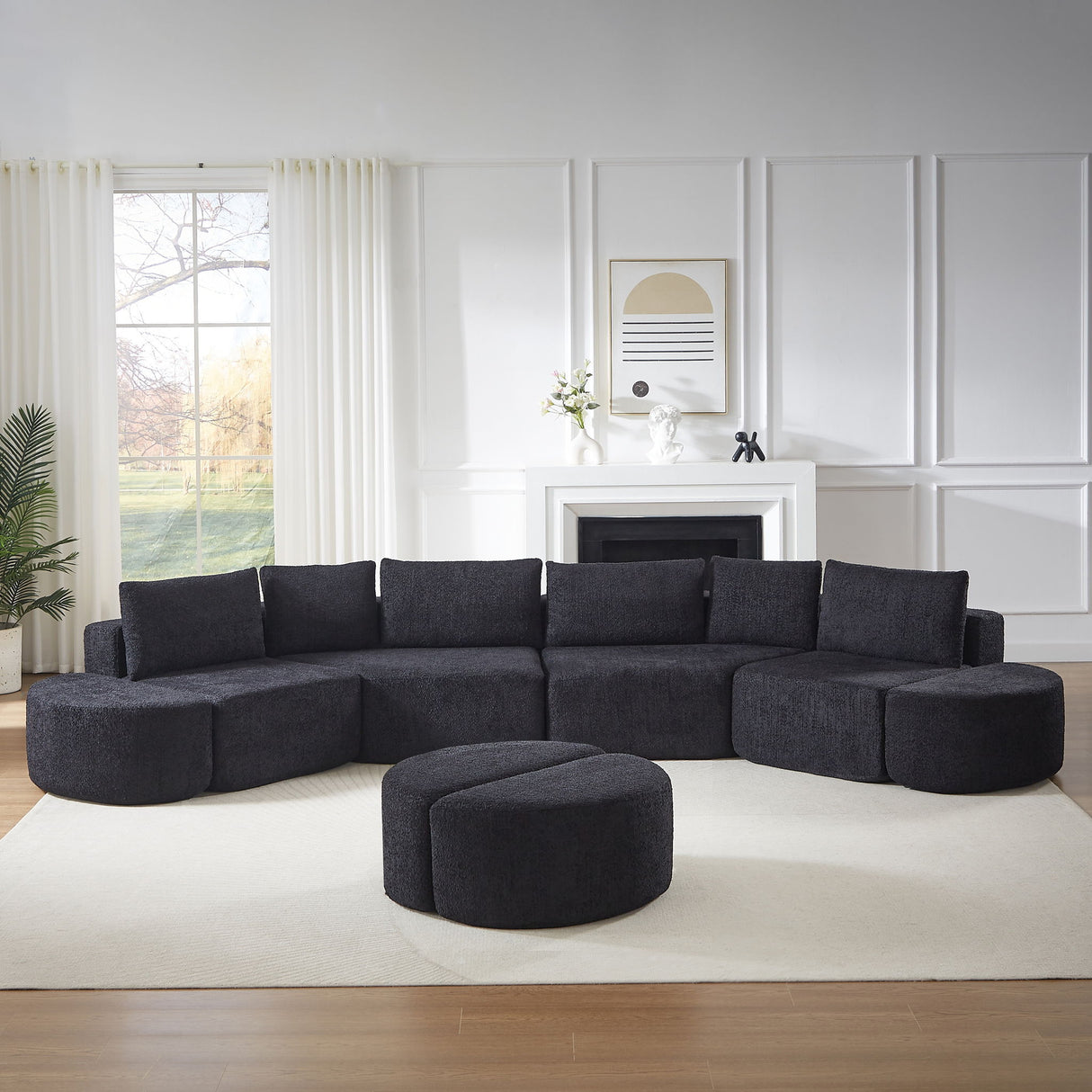 Modular Sectional Sofa With 6 Pillows And 4 Curved Footstools For Living Rooms - Black