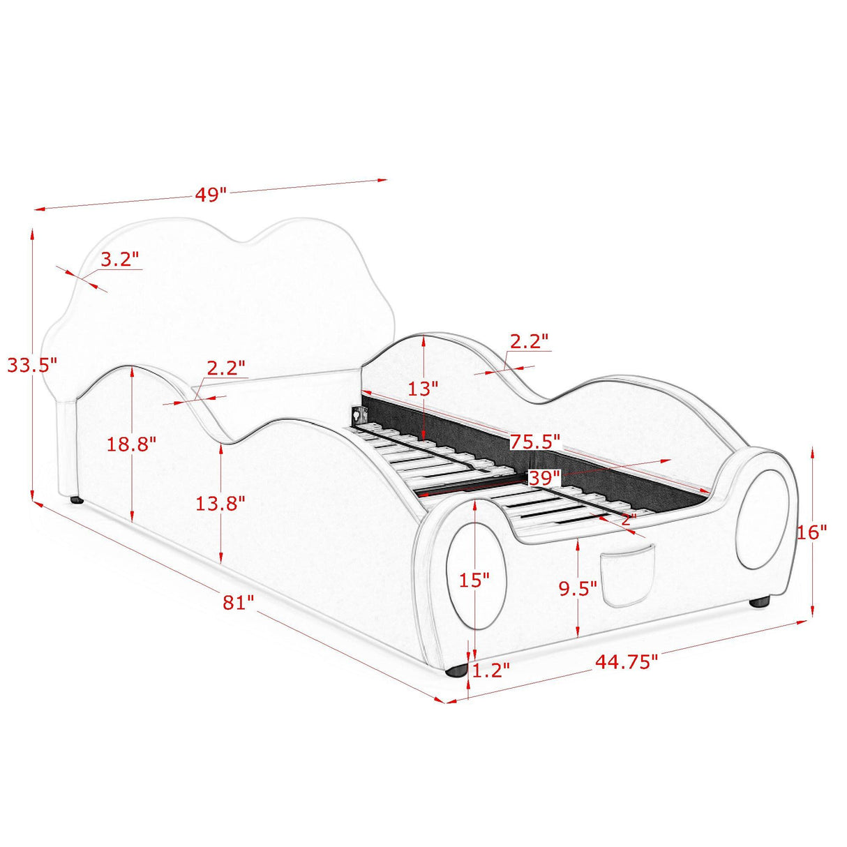 Cute Cloud Shape Bed With Guardrails Cartoon Design, Storage Pocket