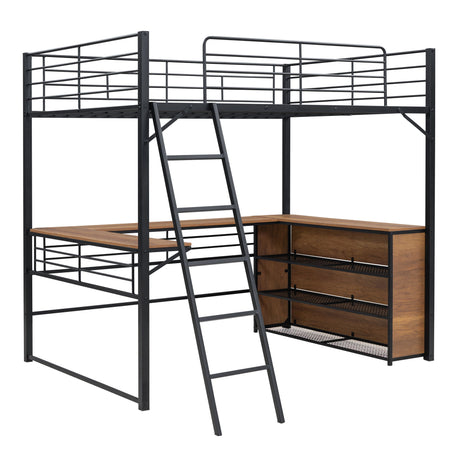 Loft Bed & 3 Layers Of Shelves And L-Shaped Desk