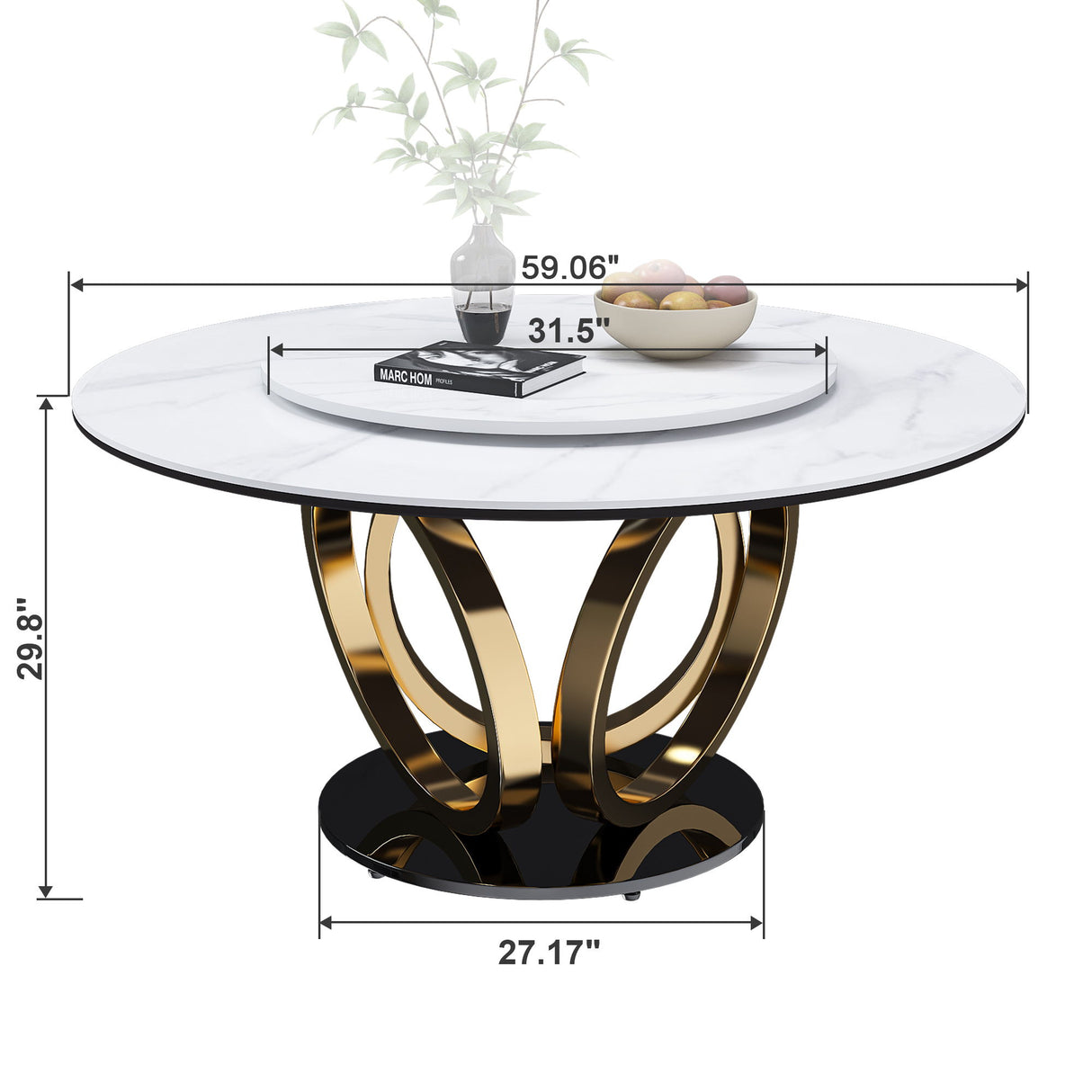 Round Dining Table With 360° Smooth Lazy Susan For Dining Room - Gold / Black / White