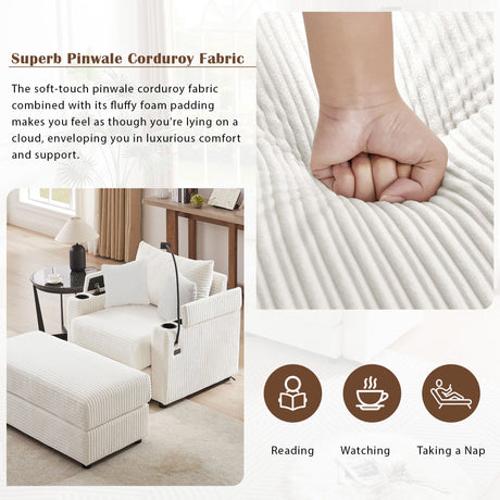 Modern Style Single Sofa Sofa Couch With Storage Space, A Movable Ottoman, 2 USB Ports, 2 Cup Holders, A Phone Holder For Living Room