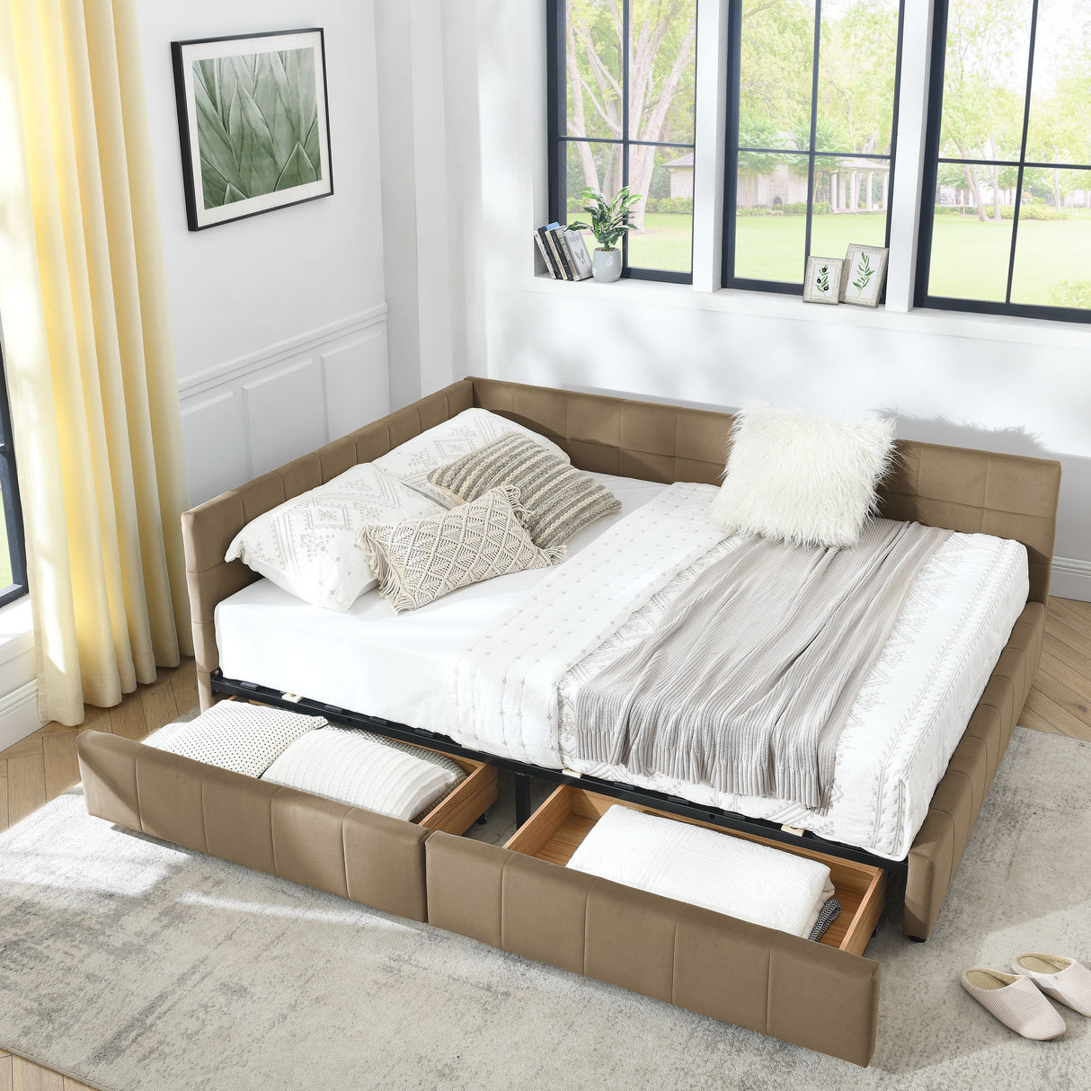 Storage Upholstered Tufted Bed Frame With Backrest And Armrests