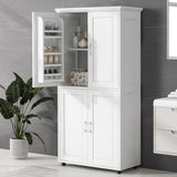 Tall And Wide Bathroom Floor Storage Cabinet With 4 Doors, Adjustable Shelves - White