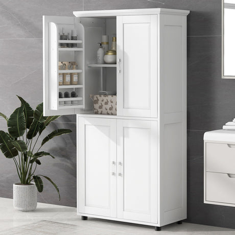 Tall And Wide Bathroom Floor Storage Cabinet With 4 Doors, Adjustable Shelves - White