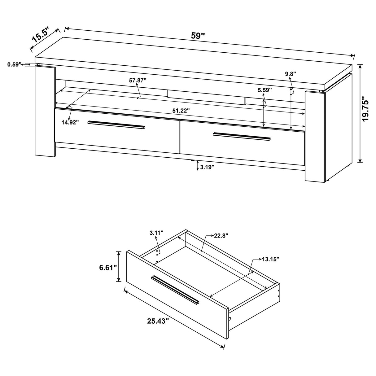 2 Drawer TV Console With Floating Top - Gray
