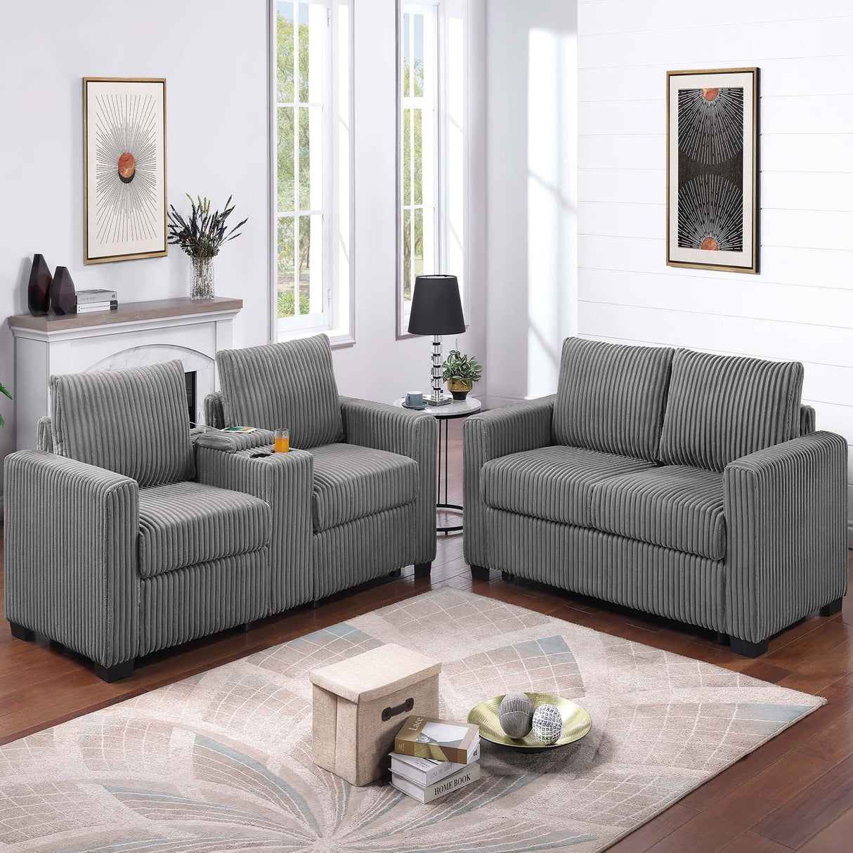 Modern Style 2 Piece Sofa Set With Cup Holders & Charging Port
