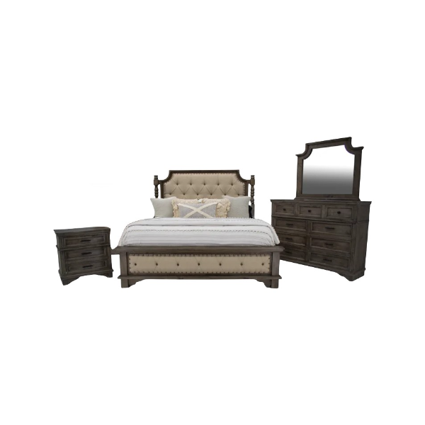 Charleston Queen Padded Bed Dresser Mirror & Nightstand - CHARQF+CHARQH+CHARQR+CHARD+CHARMR+CHARNS