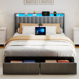 Upholstered Platform Bed Frame With RGB LED Lights, Charging Station & 2 Underbed Drawers